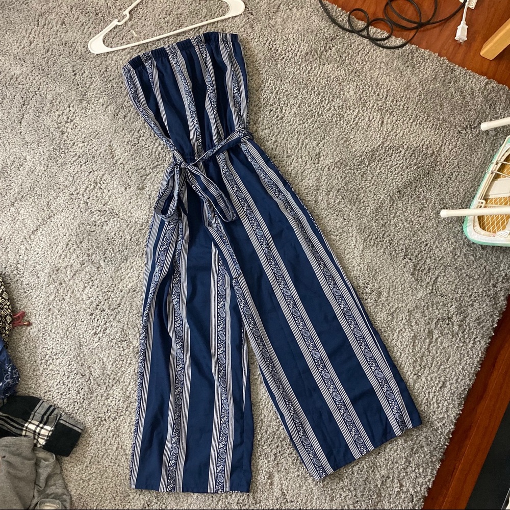 Strapless Navy Blue Cropped Wide Leg Jumpsuit